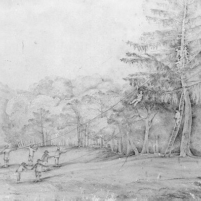 A group of Overstrand fishermen in the use of the Manby life-saving apparatus in the grounds of Northrepps Hall.  Copy of a watercolour from a sketch by Hannah Buxton, c.1828.
